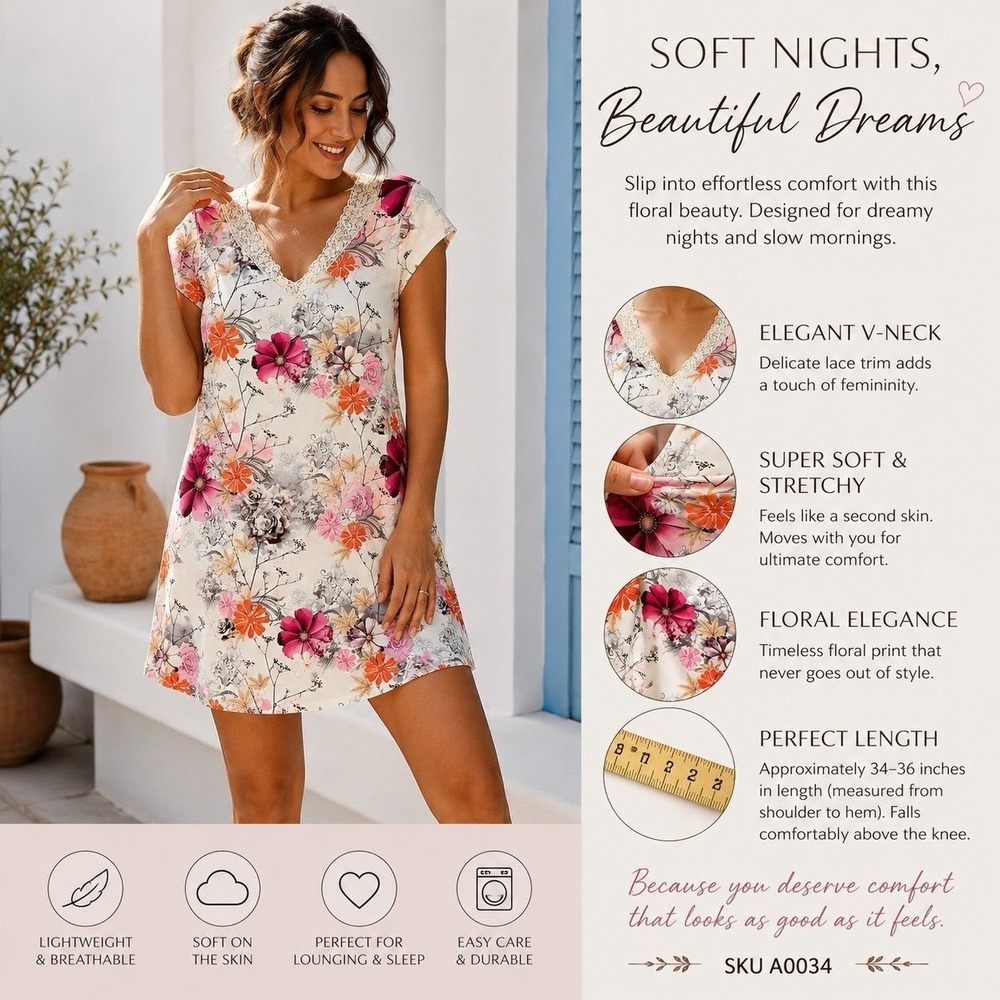 Arianne Floral Lace Trim Stretch Nightgown Soft Sleep Dress Estimated M - Picture 5 of 8